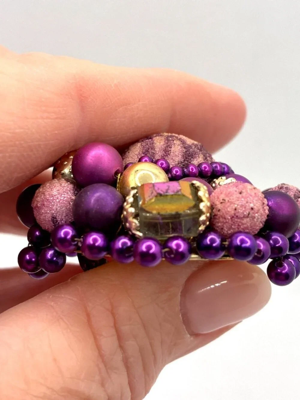 Vtg Japan Purple Brooch Sugar Beads Gold Accents & Faux Gemstones 2 In Diameter